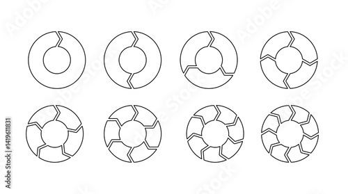 Set of circular  stroke chart diagrams. Circles arrow strokes cut separated on1,2,3, 4,5, 6,7,8 with empty middle with spacing,simple flat design vector illustration.	