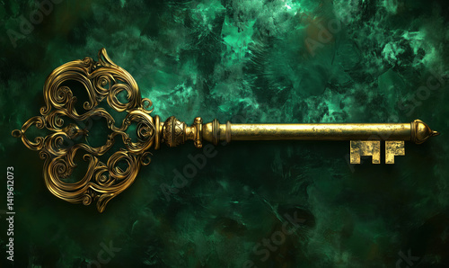 ornate golden key on textured green background with intricate design details.