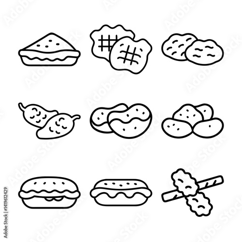 This is a hand-drawn vector set of doodle icons with food, potato, bread
