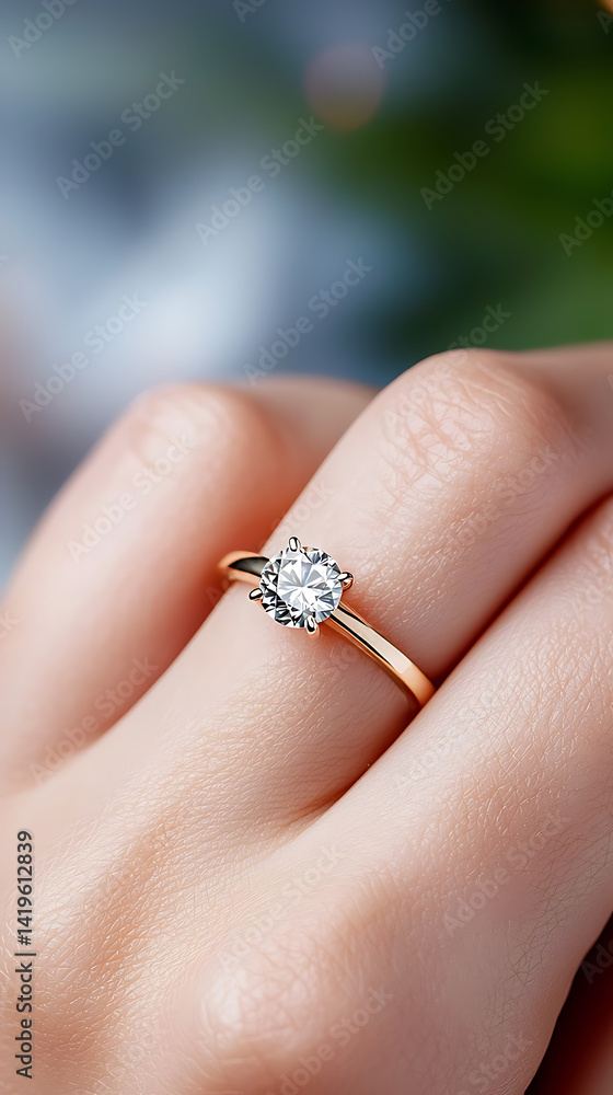 Obraz premium Elegant diamond ring on woman's hand close-up shot indoor setting soft focus romantic concept