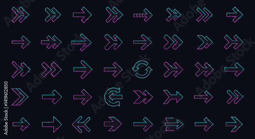 Neon Arrows Set with Glitch Effect on Dark Background Directional Indication for Modern Design and Futuristic Navigation Elements