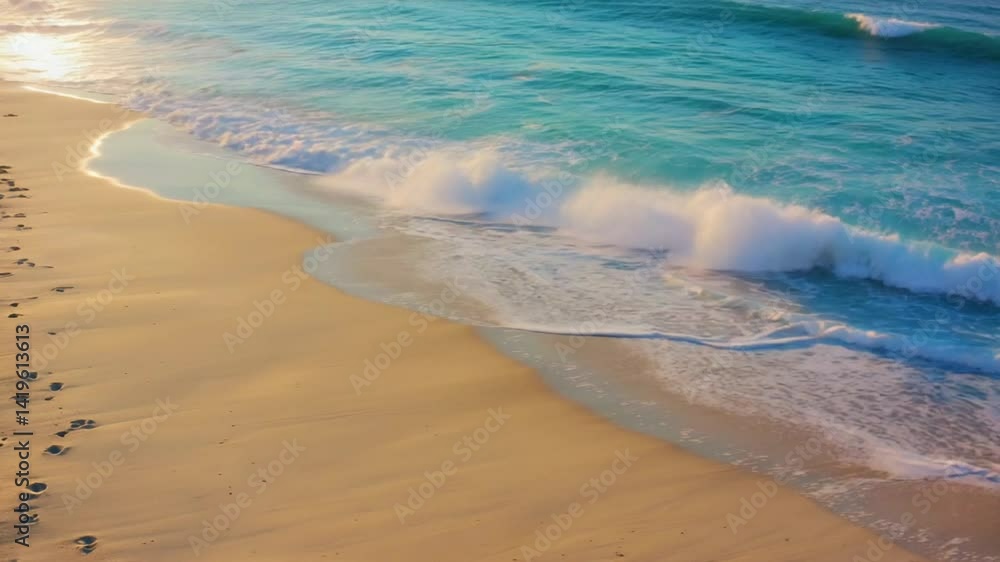 Waves Rolling on Sandy Beach with Footprints Serene Coastal Scene Waves Rolling on Sandy Beach with Footprints Serene Coastal Scene