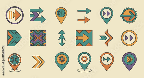 Retro Arrow Icon Set Featuring Directional Symbols and Navigation Elements in Vintage Style