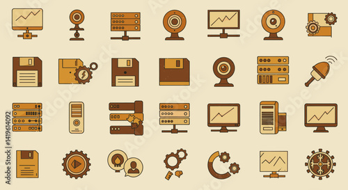 Retro Technology Icon Set Featuring Computers, Servers and Floppy Disks in Vintage Style