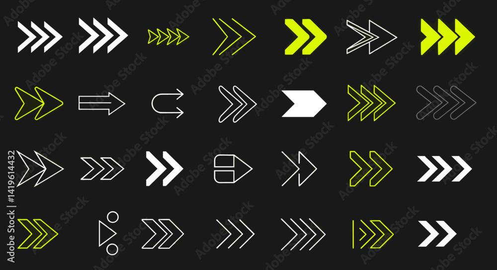 Set of Modern Arrow Illustrations Pointing Right in Various Styles and Designs for Graphic Design Set of Modern Arrow Illustrations Pointing Right in Various Styles and Designs for Graphic Design