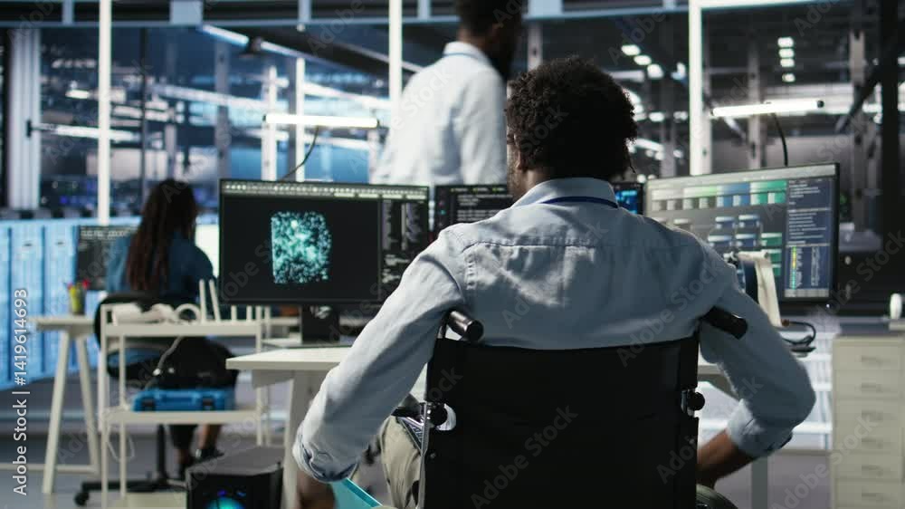 Server hub programmer with paraplegia in wheelchair uses AI machine learning node tree software. Man with disability in inclusive data center analyzes equipment issues using AI visualization, camera A Server hub programmer with paraplegia in wheelchair uses AI machine learning node tree software. Man with disability in inclusive data center analyzes equipment issues using AI visualization, camera A