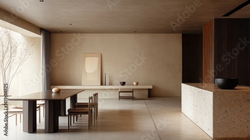 Wallpaper Mural Minimalist dining room features muted tones and wooden accents Torontodigital.ca