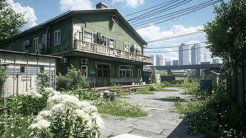 Abandoned Green House In Urban Alleyway