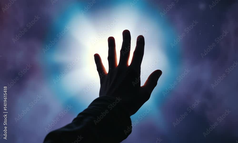 Hand reaching towards glowing blue night sky, symbolizing aspiration and discovery Hand reaching towards glowing blue night sky, symbolizing aspiration and discovery