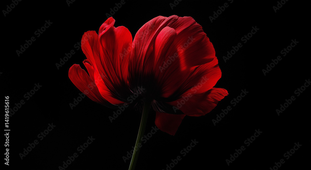 Fototapeta premium Uma foto em close de uma flor vermelha vibrante contra um fundo preto escuro e fosco