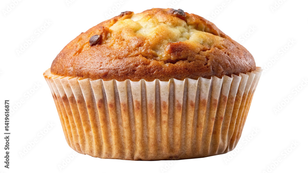 A delicious banana muffin with chocolate chips in a paper liner on white A delicious banana muffin with chocolate chips in a paper liner on white