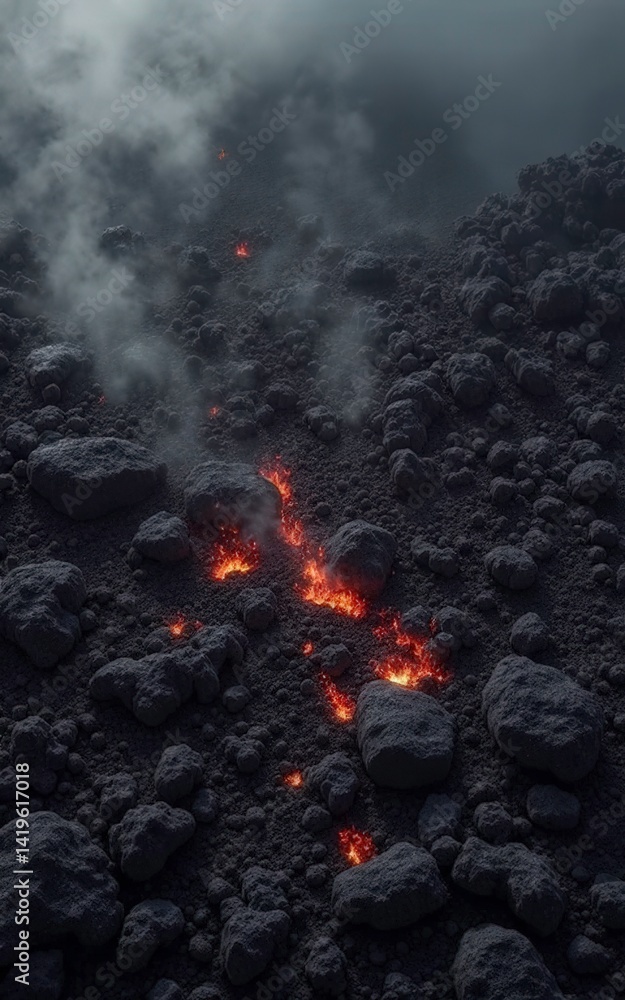 Fototapeta premium Flowing Lava Between Hardened Volcanic Rocks – Dramatic Nature Landscape