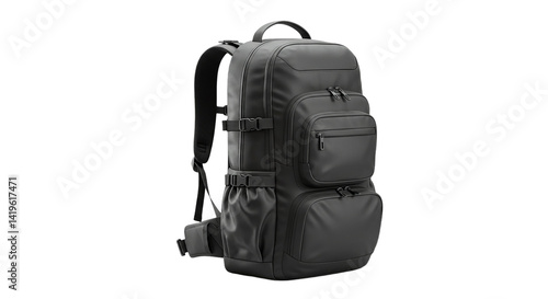Isolated studio shot of a dark gray backpack with multiple pockets and adjustable straps on black background animal, icon,  cartoon, vegetables, fruits, png, event,