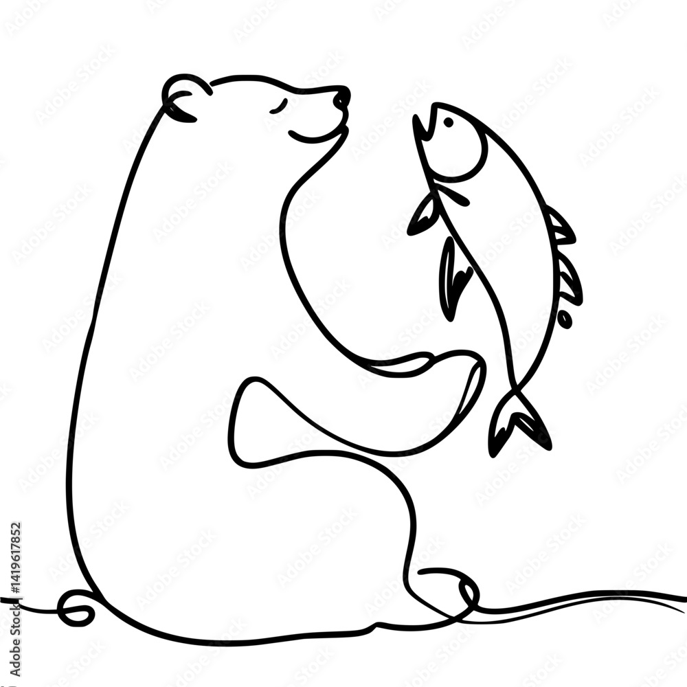 Bear holding fish happily and smiling in anticipation of dinner in simple line drawing style, vector single line illustration Bear holding fish happily and smiling in anticipation of dinner in simple line drawing style, vector single line illustration