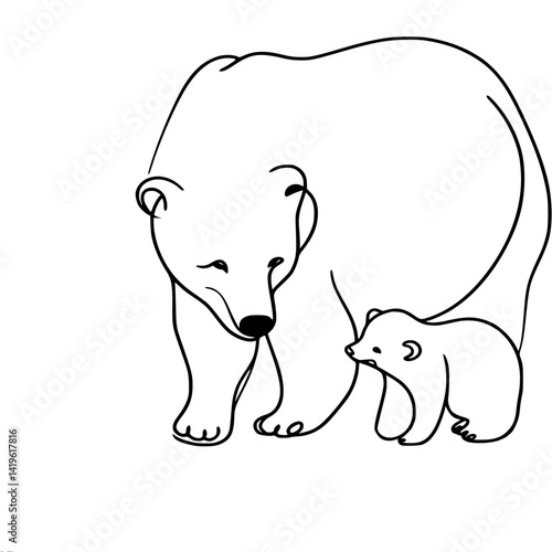 Polar bears in playful interaction on a minimalist background, single line vector