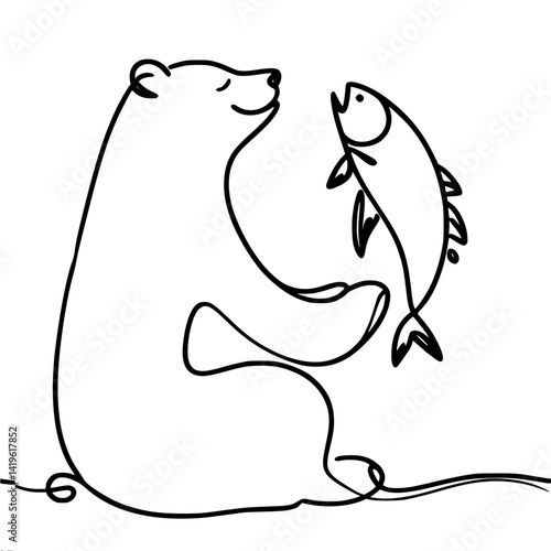 Bear holding fish happily and smiling in anticipation of dinner in simple line drawing style, vector single line illustration