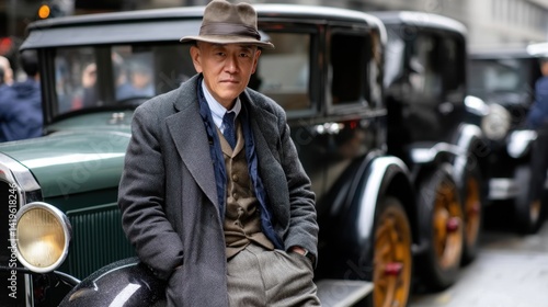 Vintage Man in Classic Car Clothing Standing Next to an Antique Car on Urban Street