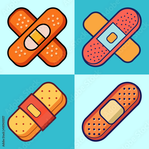 Four variations of adhesive bandages in a pop art style illustration