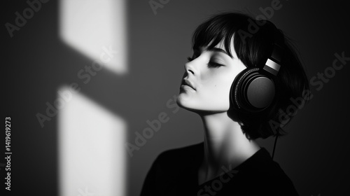 Woman with Headphones in Monochrome