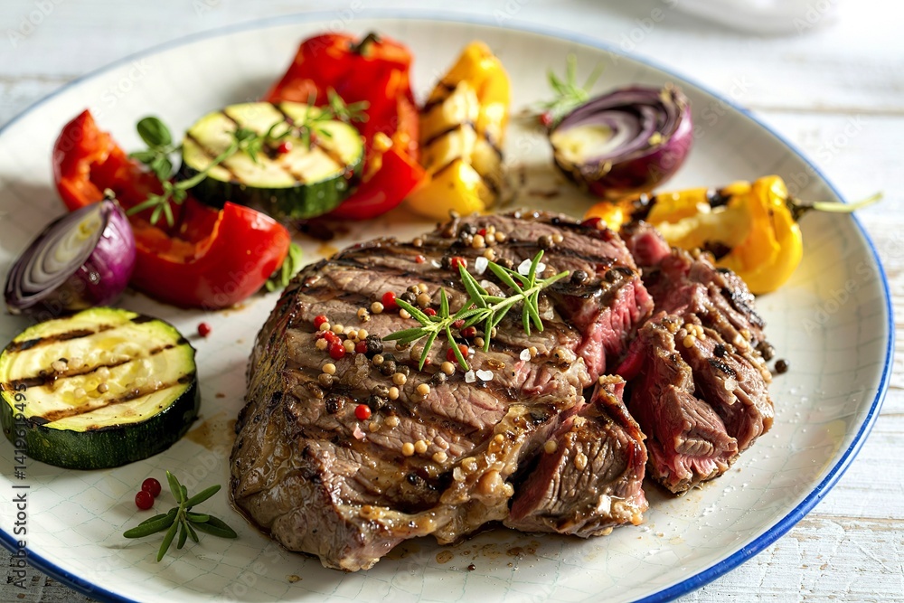 A photo of a plate with a roasted steak and grilled vegetables A photo of a plate with a roasted steak and grilled vegetables