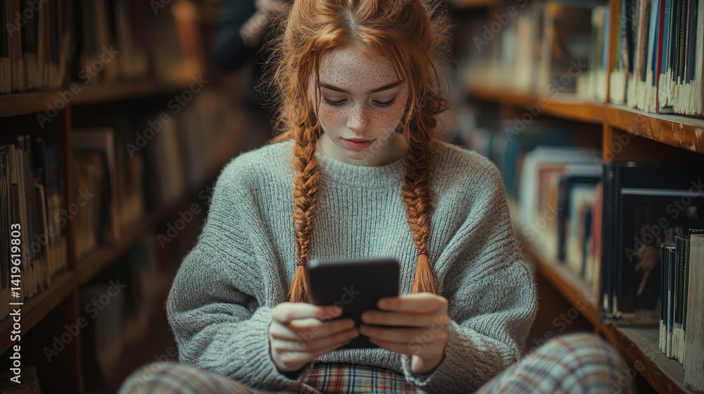 Young red-haired girl with freckles using smartphone in library with bookshelves Young red-haired girl with freckles using smartphone in library with bookshelves