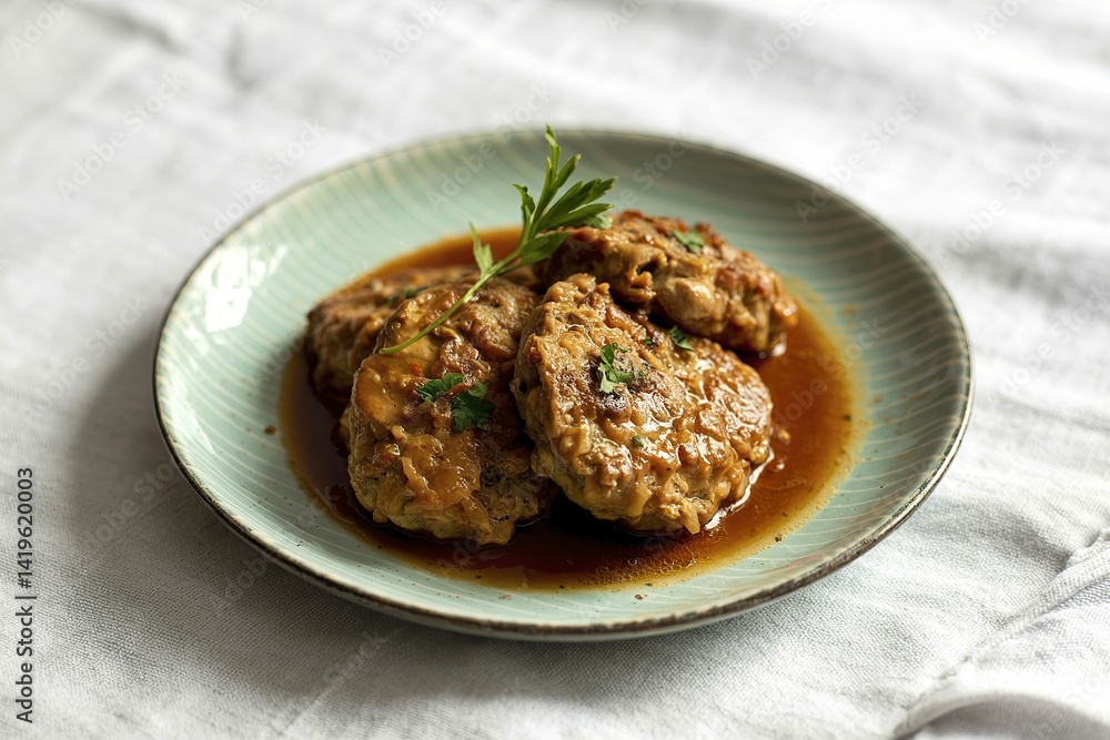 A photograph of a plate of cutlets stewed in a rich, savory sauce A photograph of a plate of cutlets stewed in a rich, savory sauce