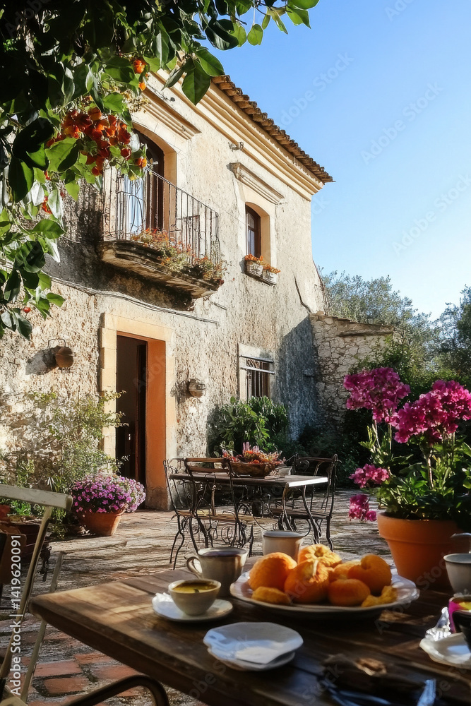 Fototapeta premium Breakfast at Agriturismo bed and breakfast at Sicily Italy, beautiful historical old farm renovated as BB Sicilia 