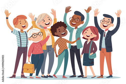 Illustration of a diverse group of people waving their hands and smiling cheerfully together happily today