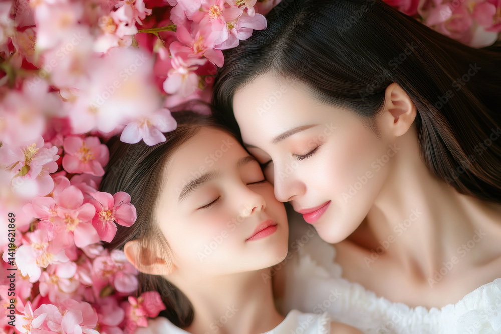 Fototapeta premium International Woman or Mothers Day celebration concept. African mom hugs loving daughter express gratitude for attention and flowers. Kid girl makes present for mum congratulates her birthday concept