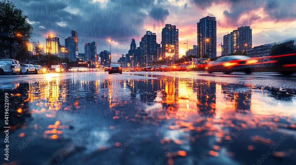 Fototapeta premium Urban Reflections: A Cityscape in Rain with Dynamic Car Light Trails