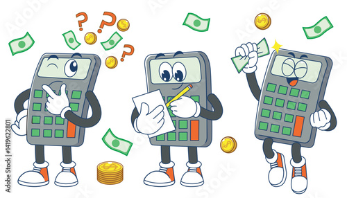 Character mascot calculator analyzing budget, money profit, and strategy analysis