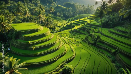 Aerial View of Lush Green Rice Terraces in Bali at Golden Hour