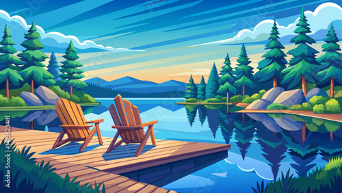 Very beautiful The calm blue lake in Muskoka reflects the summer sky, surrounded by lush trees. Two Adirondack chairs sit on a wooden dock, facing the water.