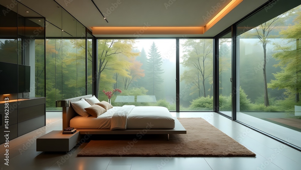 Ultra-modern glass bedroom overlooking a forest.