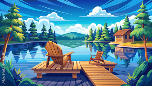 Very beautiful The calm blue lake in Muskoka reflects the summer sky, surrounded by lush trees. Two Adirondack chairs sit on a wooden dock, facing the water.