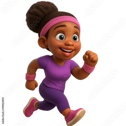 Happy girl running in purple athletic wear on a white background  