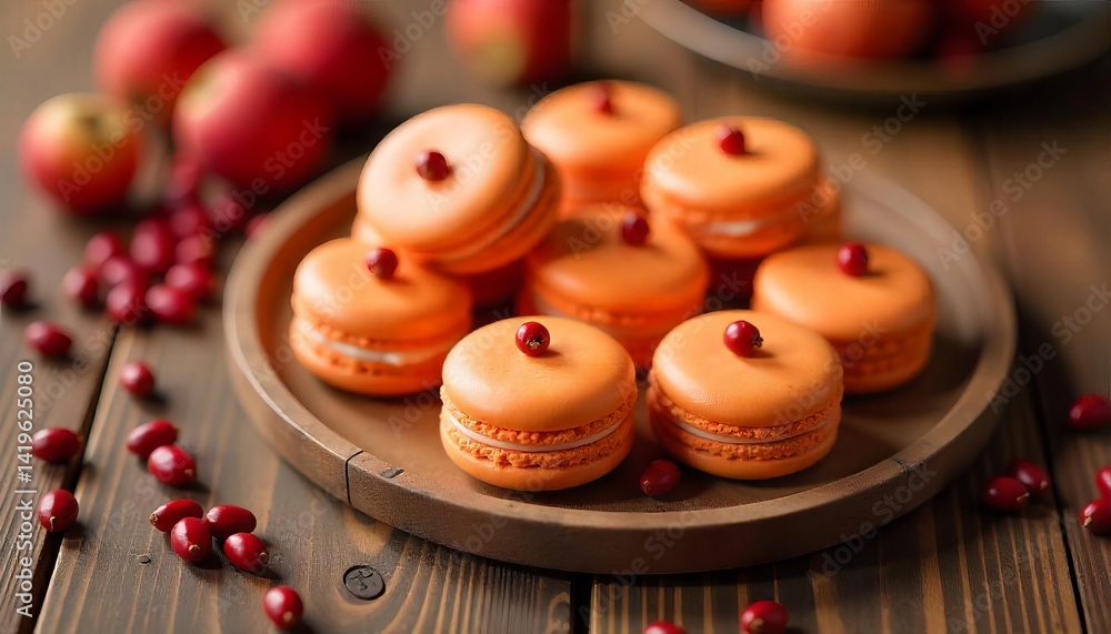 Orange Macarons on Wooden Plate: A delightful assortment of vibrant orange macarons, delicately adorned with crimson berries, rests on a rustic wooden plate. Orange Macarons on Wooden Plate: A delightful assortment of vibrant orange macarons, delicately adorned with crimson berries, rests on a rustic wooden plate.