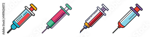 Cartoon drawing of four syringes with different colored medicine, vector illustration