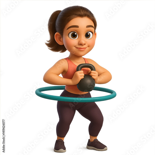 Animated girl exercising with a kettlebell and hula hoop  