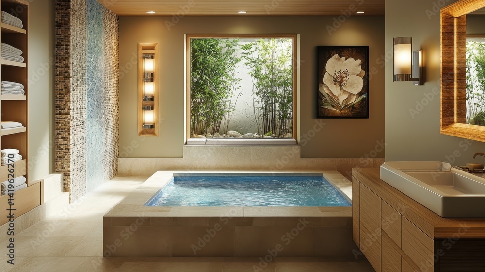 Fototapeta premium Luxurious bathroom interior featuring a soaking tub and garden view