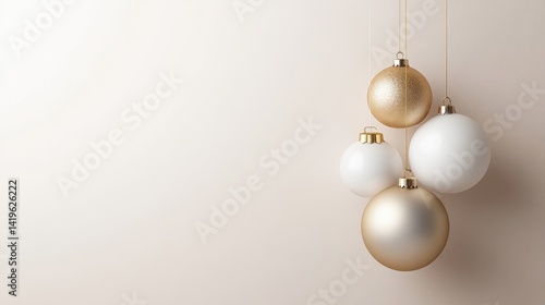 Elegant Christmas ornaments, gold and white, against a neutral background.  Four spherical ornaments, two gold, two white, are suspended from the top edge of the image, with light beigecream backdrop