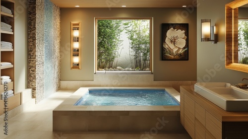 Luxurious bathroom interior featuring a soaking tub and garden view