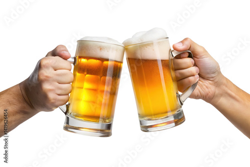 Two Hands Holding Beer Mugs Clinking Together in Celebration against White Backdrop