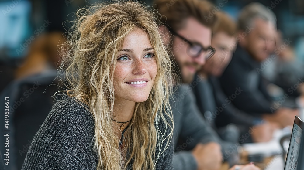 Woman smiles in a group setting with other people in the background. Woman smiles in a group setting with other people in the background.