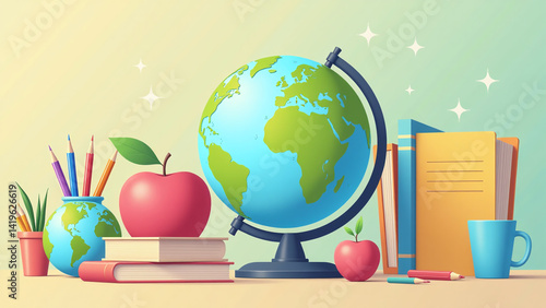 school supplies items gathered vector illustration featuring globe educational themes various