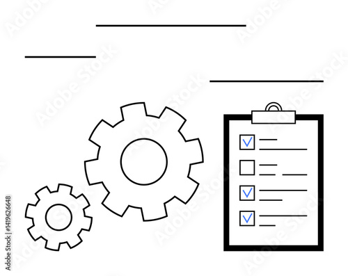 Gear icons beside a checklist with marked items suggest efficiency, organization, and workflow optimization. Ideal for productivity, teamwork, planning, process optimization, automation, strategy