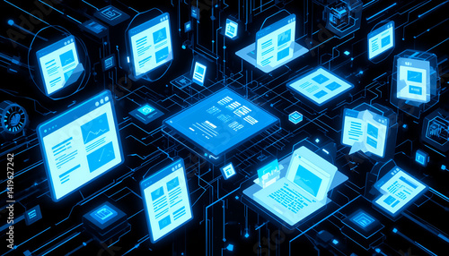 AI in Document Analysis: Machine Learning Extracting Data from Unstructured Content. Futuristic Digital Interface with Floating Web Pages in 3D Space