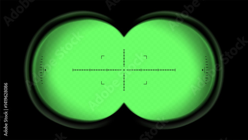 Night vision binoculars sight. Green POV viewfinder overlay with crosshair for military or surveillance optics. Vector illustration