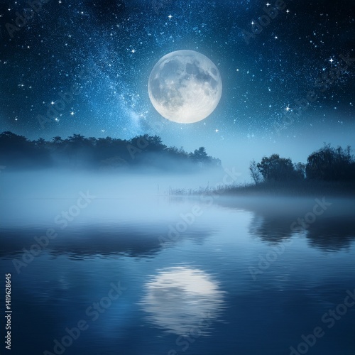 夜空に煌めく星と満月が映る静かな湖