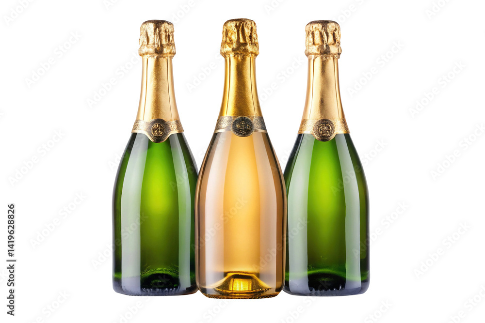 Three Champagne bottles against a white background, with gold foil accents Three Champagne bottles against a white background, with gold foil accents